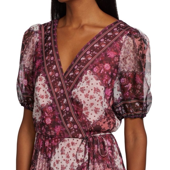 MARCHESA Notte Floral Pleated A-Line Faux Wrap Short Sleeve Midi-Dress Size 6 - Picture 8 of 12